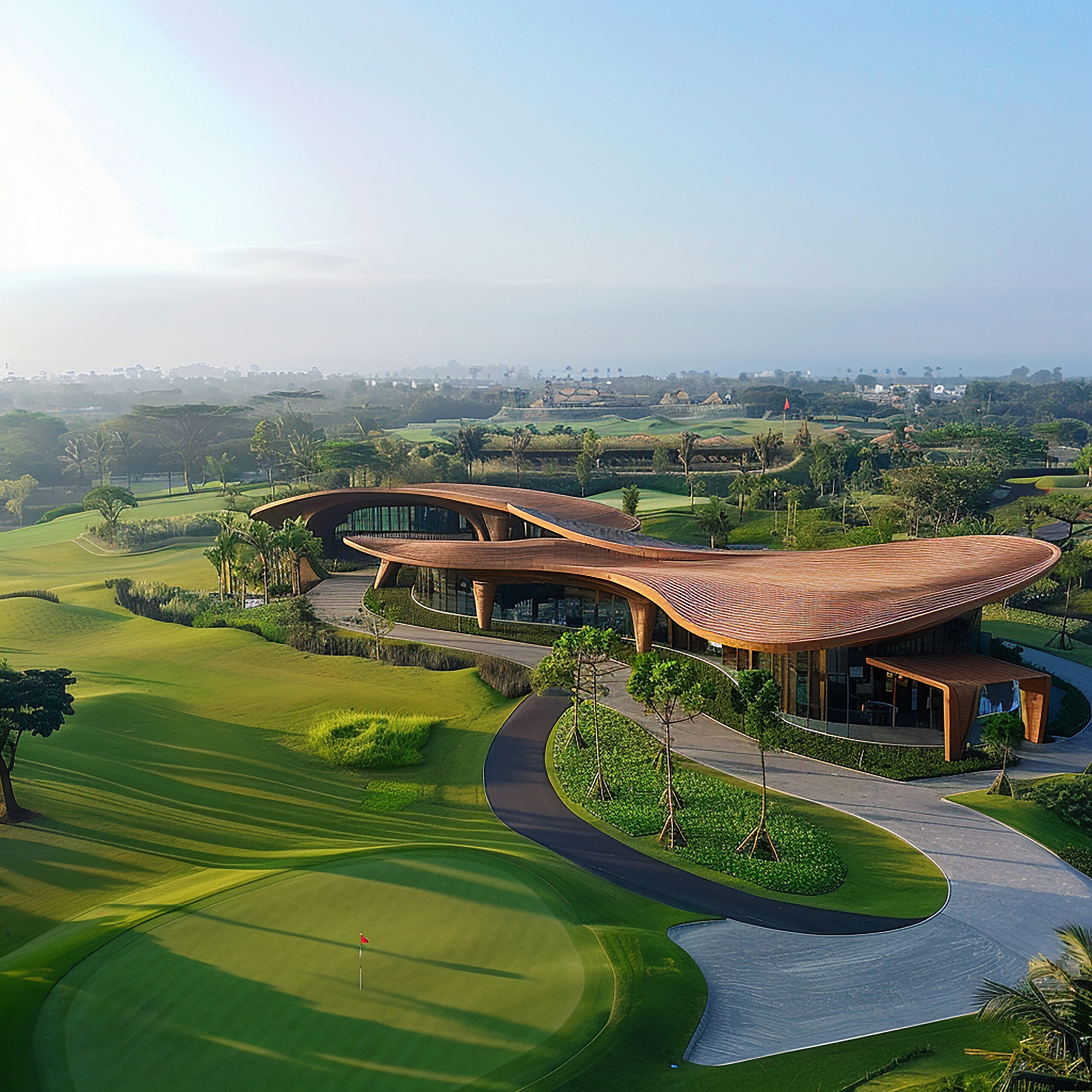 aerial photograph wide golf clubhouse parametric dynamic style architecture mostly using scaled